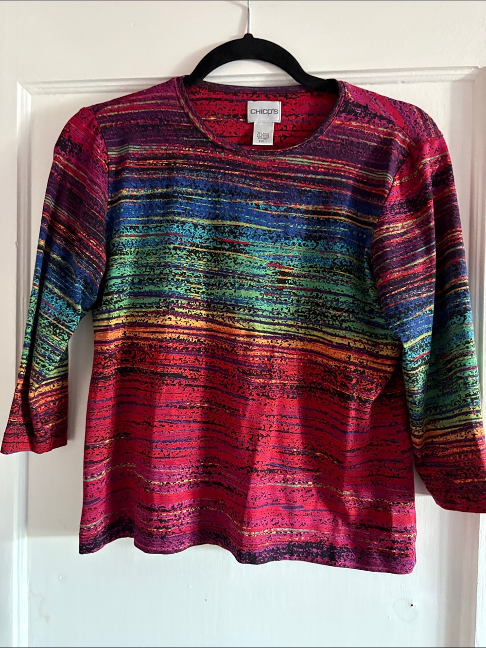 Chico's Rainbow Stripe Crewneck Top - Red, Blue, Green, Purple